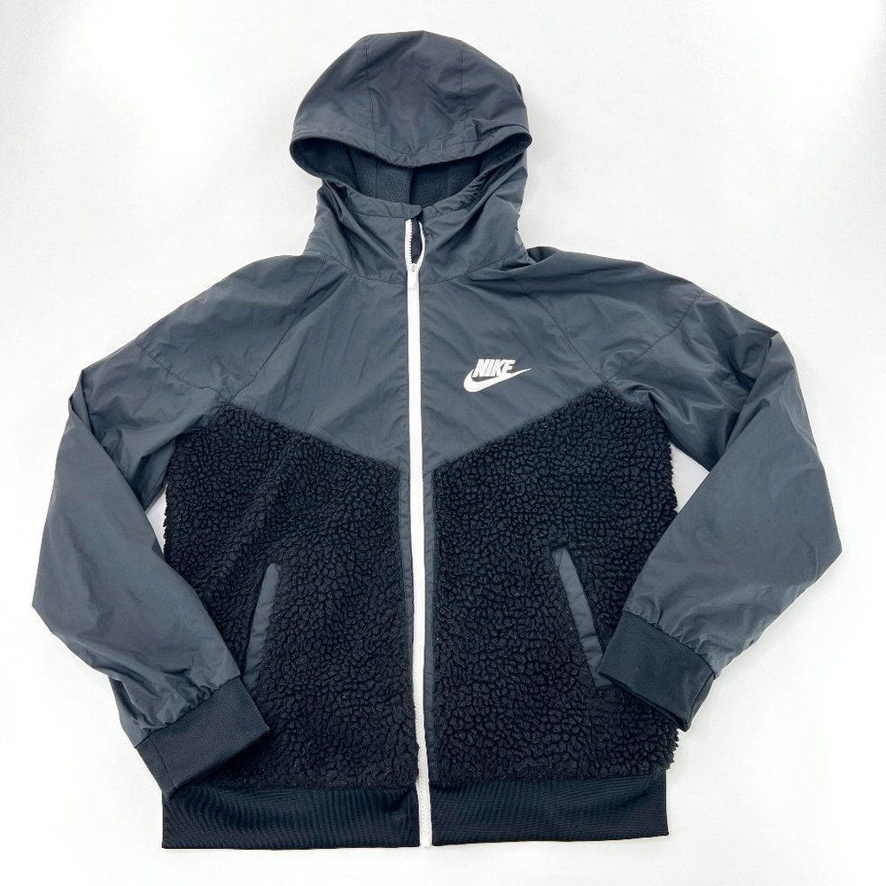 Nike Sportswear Jacket Kids XL Black Gray Sherpa Windrunner Full Zip CZ4521-010